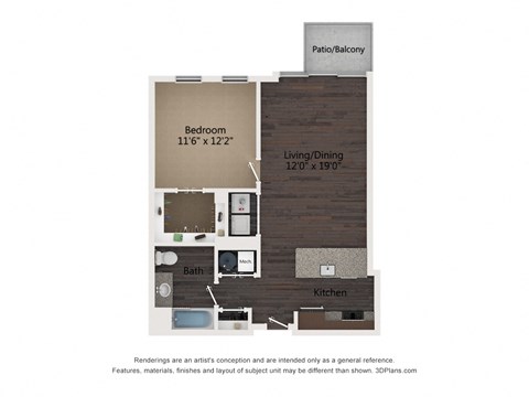 Floor plan for 1 bed, 1 bath, 751 sqft
